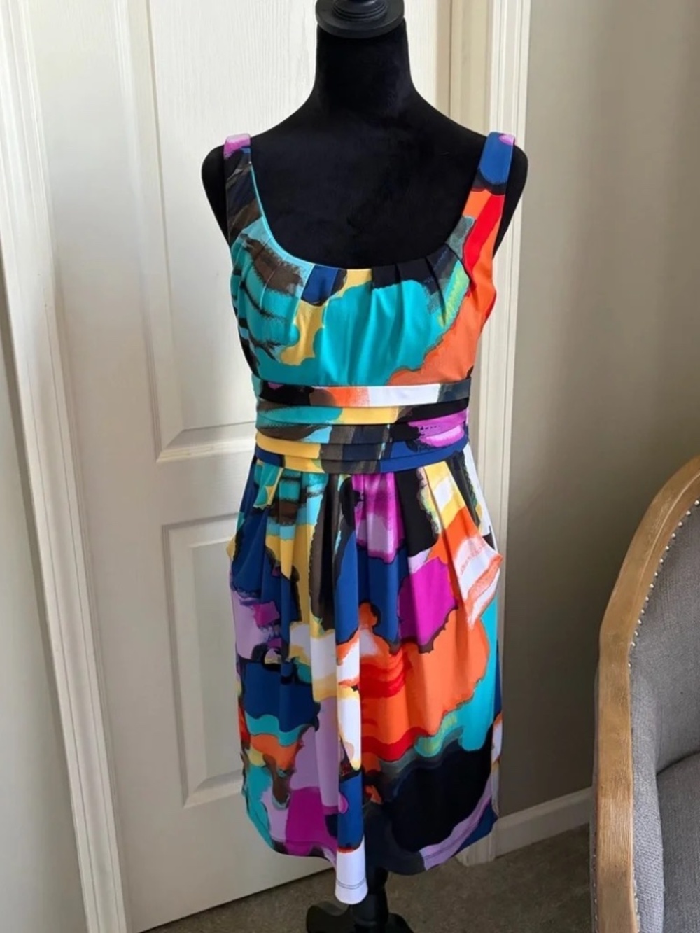 Bisou Bisou Size 10 Multicolor Abstract Midi Dress lot6469